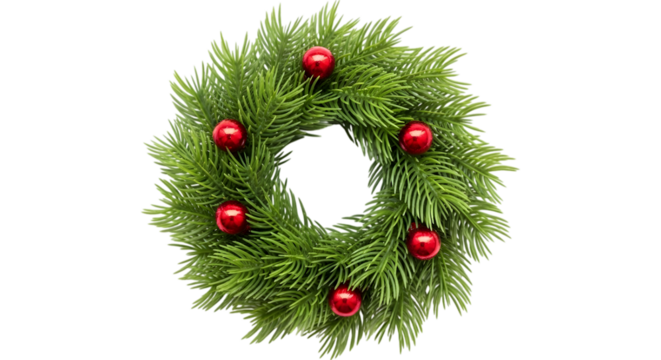 Green christmas wreath with red ornaments isolated on transparent background