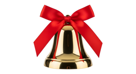 Golden christmas bell with red ribbon isolated on transparent background