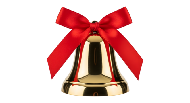Golden christmas bell with red ribbon isolated on transparent background