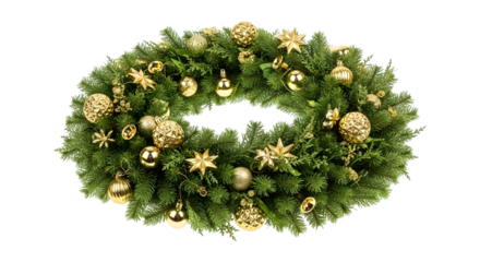 Green christmas wreath with gold ornaments isolated on transparent background