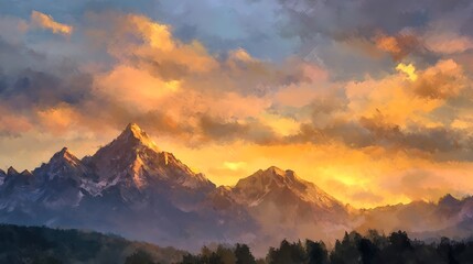 digital painting of a sunset over majestic mountains