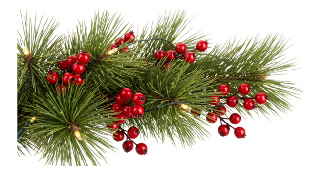 Christmas pine branch with red berries and lights isolated on transparent background
