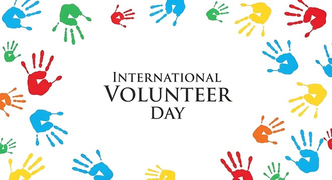International volunteer day graphic with colorful handprints for social media posts and flyers design - Powered by Adobe