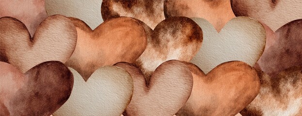 Fototapeta premium Horizontal banner with watercolor hearts in nude colors. For Valentine's Day design, weddings, and postcards