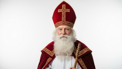 Elderly man dressed in traditional bishop or Saint Nicholas costume with red mitre hat and ornate robes, holding a wooden staff, standing against a white background