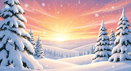 Illustrated winter landscape with snow-covered trees against a sunset sky, suggesting a serene holiday scene and the tranquility of a winter season