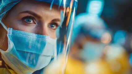 Protective Gaze of Medical Hero: A focused medical professional wearing a surgical mask and protective visor, their eyes reflect a determination and unwavering resolve amid challenging circumstances.
