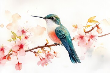 Fototapeta premium Vibrant watercolor hummingbird with teal, white, and coral plumage perches delicately on a branch adorned with soft pink cherry blossoms, exuding springtime serenity.