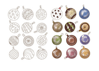 New Year's toys Christmas tree balls hand-drawn decorations doodle sketch set cartoon cute style Christmas gifts congratulations holidays