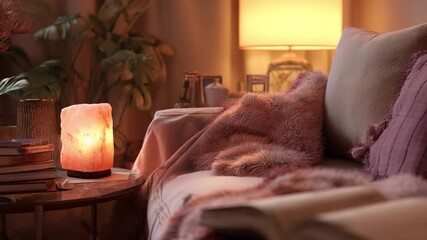 Serene Living Room Ambiance: A cozy living room scene, with soft ambient light, plush pillows, and a comforting atmosphere for relaxation.