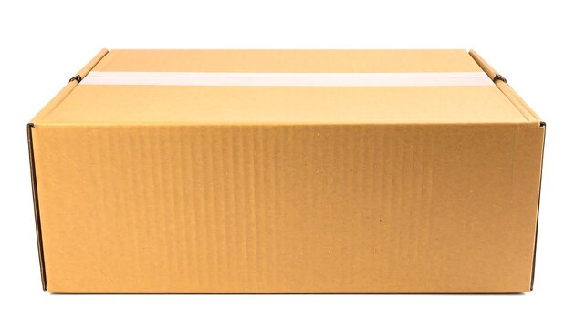 Closed cardboard box on white background for shipping.