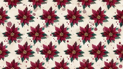 Seamless watercolor pattern with red poinsettia flower