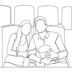 Continuous one single line drawing Young couple sitting together in a movie theater enjoying film icon vector illustration concept