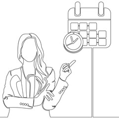 Continuous one single line drawing Businesswoman in formal suit pointing at calendar planning schedule icon vector illustration concept