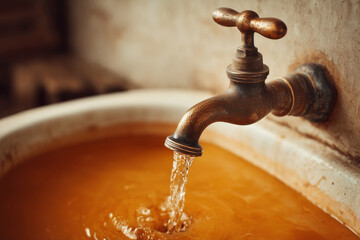 Water flowing from faucet in old white sink with brownish-orange water