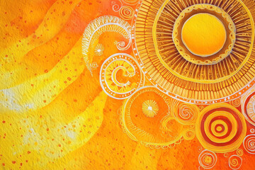 Watercolor painting with orange and yellow background and sun spiral lines