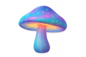 Fantasy glowing mushroom with neon bioluminescence and magical galaxy sparkle, otherworldly fungal element with transparent background