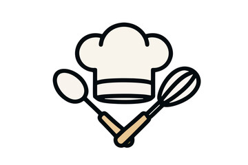 A minimalist line art illustration featuring a chef's hat, a spoon, and a whisk, representing kitchen utensils. The design is clean and simple, perfect for culinary related designs.	