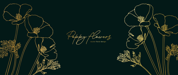 Poppy gold bouquet vector hand drawn illustration. Luxury gold poppy flowers thin lines ffon for decor, posters or greeting cards
