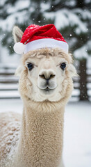 Naklejka premium Close-up of an alpaca wearing a red Santa hat in a snowy setting, representing winter, celebration, and the Christmas holiday season