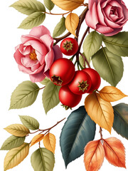 Elegant botanical illustration showcasing vibrant rosehips and autumn foliage detail