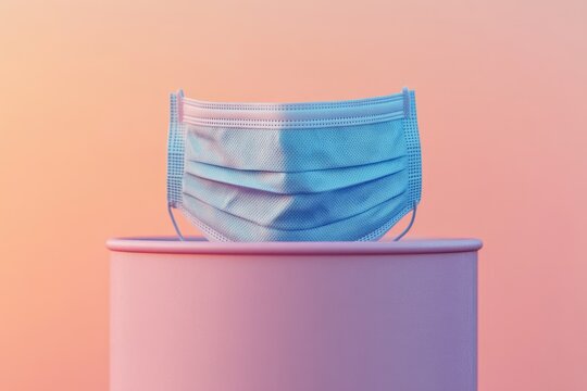 A light blue medical face mask sits on a pink cylindrical container. This image symbolizes health, protection, and current global safety precautions.