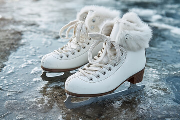 White children’s ice skating shoes on icy surface