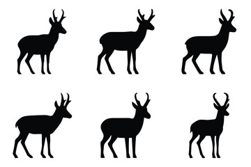 Silhouettes of six antelope standing against a white background