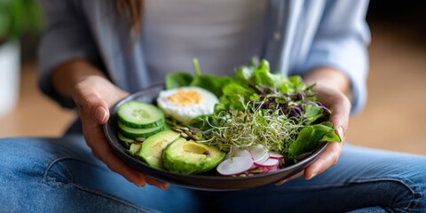 Healthy salad bowl with avocado, eggs, and greens in female hands