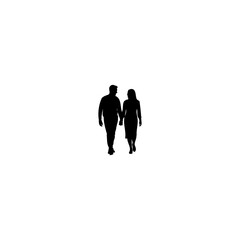 Silhouette of a man and woman walking hand in hand against a white background in a simple illustration