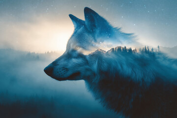 Wolf silhouette with mountains and starry sky in double exposure style