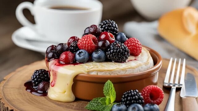 This appetizing close-up showcases a warm, baked cheese, artfully presented in a rustic dish, with a luscious, melted texture oozing appealingly. It is generously topped with a vibrant medley of fresh