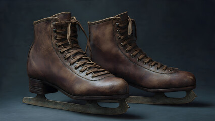 Timeless vintage ice skates with rich brown leather, perfectly laced and ready for a graceful glide on the ice, evoking nostalgia and elegance.