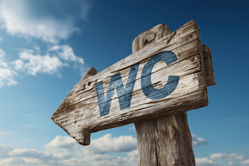 Wooden arrow sign with WC text against blue sky