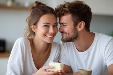 Smiling caucasian couple enjoying coffee and cake at home