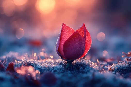 A vibrant red flower bud, covered in delicate dew drops, glows amidst sparkling frost and soft bokeh lights, capturing a serene winter morning.