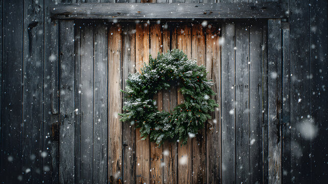 Christmas wreath hanging on rustic wooden barn door, snow falling softly