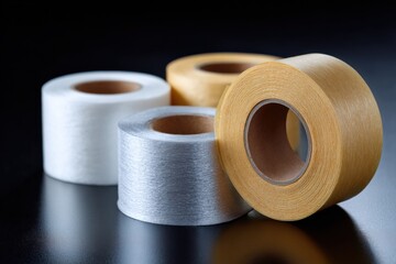 Four rolls of white, silver, and gold adhesive tapes on black surface