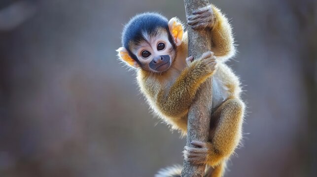 A squirrel monkey hanging from a tree, its tail curled around a branch