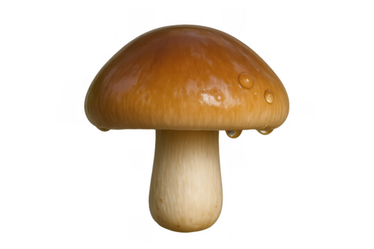 Mushroom showing a smooth brown cap and white stem, with water drops adhering to its surface. Transparent background