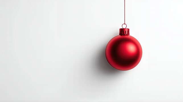 Red Hanging Christmas Bauble On White Background. Minimal Holiday Ornament With Shadow. Flat Lay For Seasonal Ads Or Greeting Cards