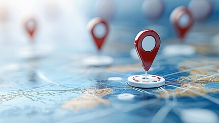 A close-up view of multiple red map pins placed on a blue and white map, indicating different locations.