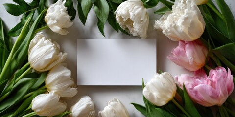 Elegant frame of white and pink tulips with a blank card centerpiece