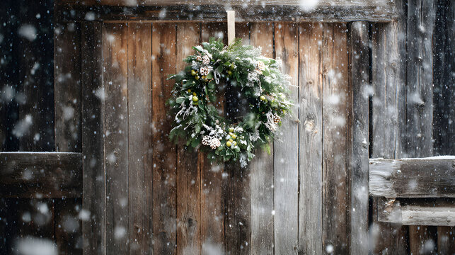 Christmas wreath hanging on rustic wooden barn door, snow falling softly - Powered by Adobe
