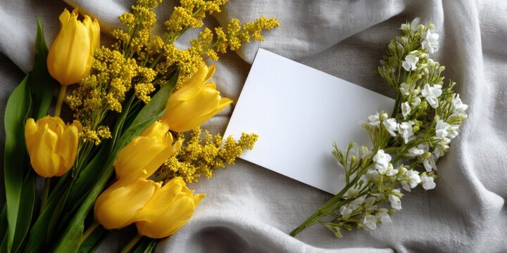 Yellow tulips and white flowers with blank card on grey fabric background - Powered by Adobe