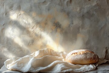 A freshly baked loaf of artisanal bread, dusted with flour, rests on a white linen cloth against a rustic sunlit wall, evoking warmth and simplicity.