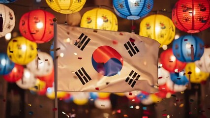 Korea flag with colorful celebration lanterns and falling confetti. Patriotic display for an independence holiday event.