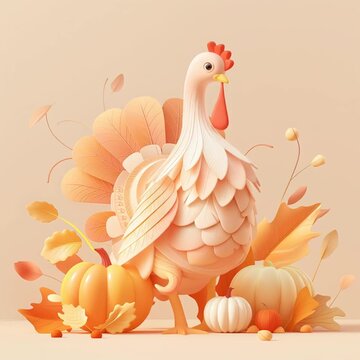 Looping animated 3d scene of cute minimalist turkey with pumpkins and falling autumn leaves for thanksgiving