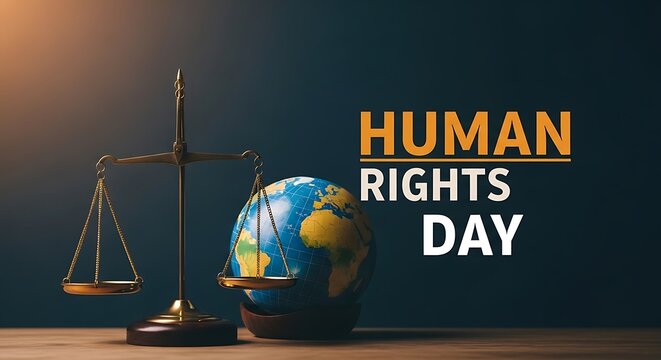 Celebrating human rights day with scales of justice and earth globe for global equality and freedom - Powered by Adobe