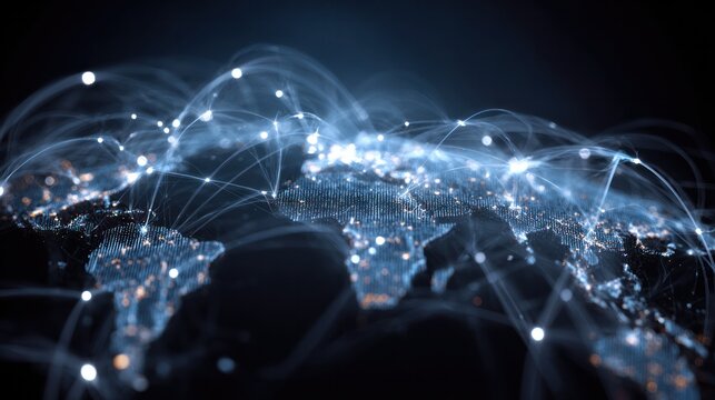 Global Network: A depiction of a complex global network, showcasing interconnected nodes and data streams across a stylized map of the world.
